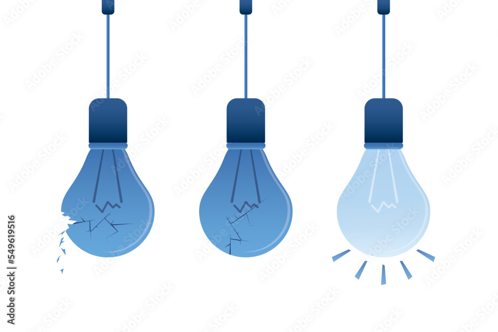Two broken light bulbs and one glow bulb. Good and bad ideas - brainstorming. Search for new ideas for successful business or development. Two broken light bulbs and one glow bulb. Good and bad ideas - brainstorming. Search for new ideas for successful business or development.