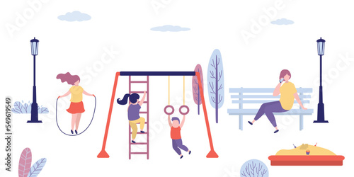 Different children play in playground. Mom or nanny looks after walking children. Various swings, sandbox, slide on playground in park. Kids activities. Kindergarten, childhood.