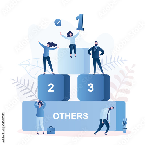 Businesspeople on podium, winners and losers, happy successful businesswoman on top, champion holds number one - first place, male and female business characters,