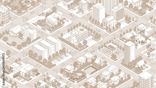 街並みの立体図. 都市の景観. 線画のイラスト.