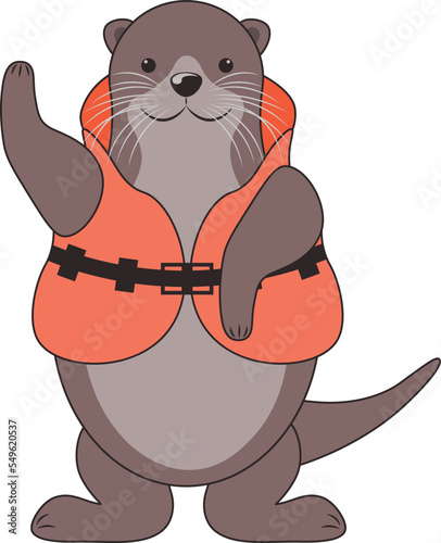 Otter. Cute smiling otter in an orange life jacket. Otter rescuer waves his paw. Cute cartoon animal. Vector illustration isolated on a white background
