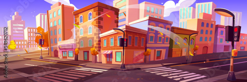 Autumn city street corner with buildings, crosswalk, empty road and traffic lights. Vector illustration of cartoon houses, shops and cafes, trees with yellow foliage under blue sky with fluffy clouds © klyaksun