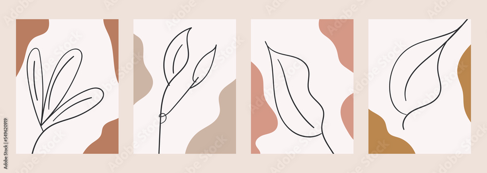 Botanical set in Boho style. Abstract vector wall design of plants and leaves. Line art for interiors. Organic background in a minimalist style.