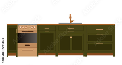 Kitchen, flat style. Green kitchen with stove, shelves, utensils and decor.