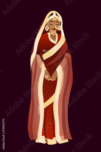 Indian bride. Women in a traditional Indian full-length wedding dress. Vector illustration.