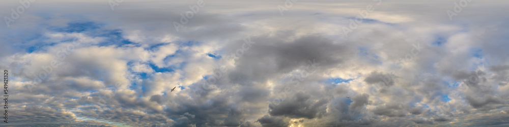 Dark blue sunset sky panorama with Cumulus clouds. Seamless hdr pano in spherical equirectangular format. Complete zenith for 3D visualization, game and sky replacement for aerial drone 360 panoramas. Dark blue sunset sky panorama with Cumulus clouds. Seamless hdr pano in spherical equirectangular format. Complete zenith for 3D visualization, game and sky replacement for aerial drone 360 panoramas.
