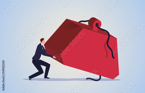 Overcoming pressures and burdens, challenging difficulties and conquering adversity, solving business problems or debt crises, businessmen struggling to lift huge blocks of iron