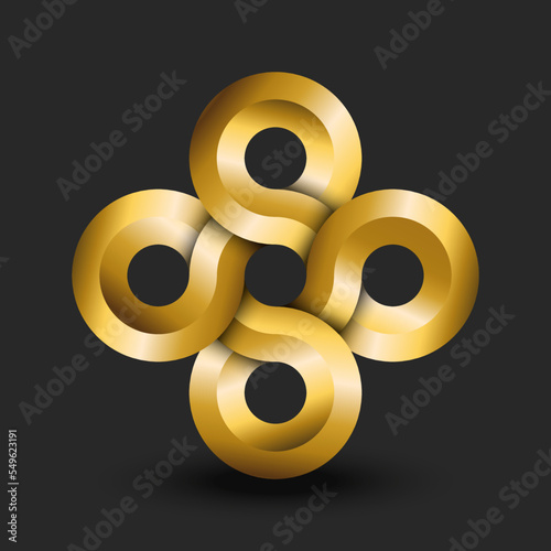 Endless logo 3d from five golden circles overlapping infinity geometric shape, gold gradient infinite symbol for a jewelry workshop or shop.