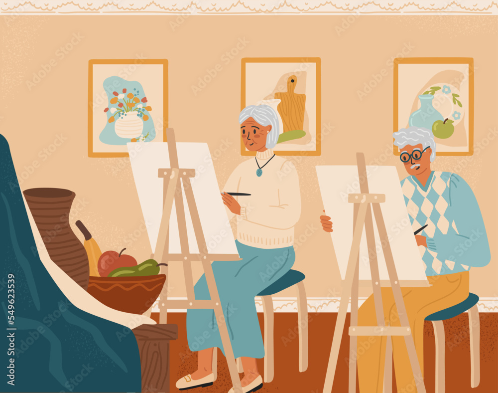 Art painting class for senior persons. Hobby for elderly concept vector illustration. Couple of old people painting and drawing still life in art studio. Retirement life, senior people