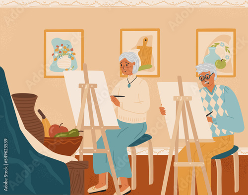 Art painting class for senior persons. Hobby for elderly concept vector illustration. Couple of old people painting and drawing still life in art studio. Retirement life, senior people