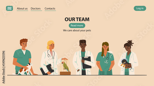 Vet clinic medical team with animals. Veterinary website template vector illustration. Female and male veterinarians in uniform holding pets.  Doctors professional team