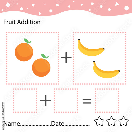 Education game for children fun addition by counting and tracing the number of cute cartoon orange and banana printable fruit worksheet