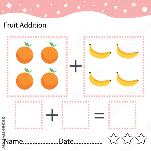 Education game for children fun addition by counting and tracing the number of cute cartoon orange and banana printable fruit worksheet