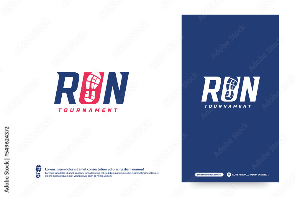 Obraz premium Run wordmark logo with shoe print symbol inside, Nagative sapce Running club logo template, Marathon tournament logptype, Fitness, athlete training for life symbol.