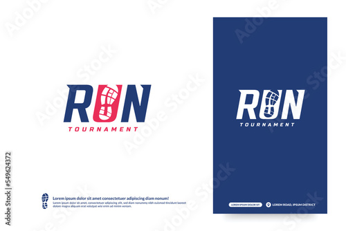 Run wordmark logo with shoe print symbol inside, Nagative sapce Running club logo template, Marathon tournament logptype, Fitness, athlete training for life symbol.