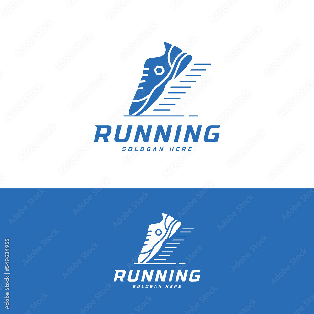 Running shoe symbol logo, Marathon tournament logptype template. Fitness, athlete training for