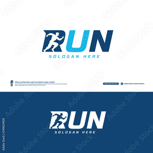 Run wordmark logo with runner inside, Nagative sapce Running club logo template, Marathon tournament logptype, Fitness, athlete training for life symbol.