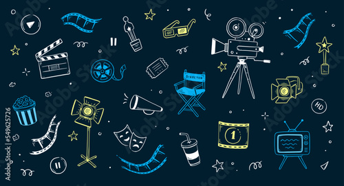 Cinema doodle, movie background. Hand drawn sketch film, cinema element design. Clapperboard, popcorn, film tape doodle vector illustration.