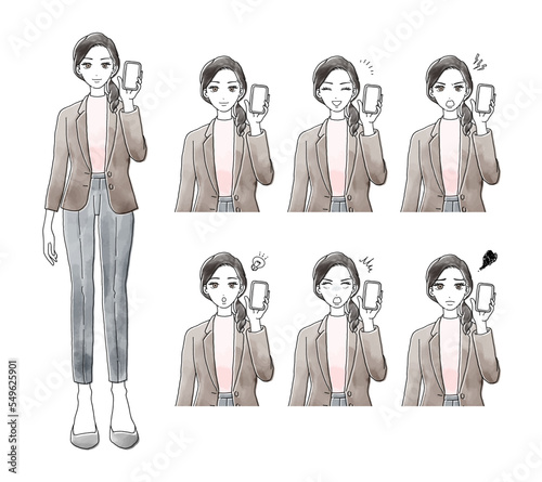 スマホの画面をこちらに見せているスーツ姿の女性の表情差分ベクターイラストセット