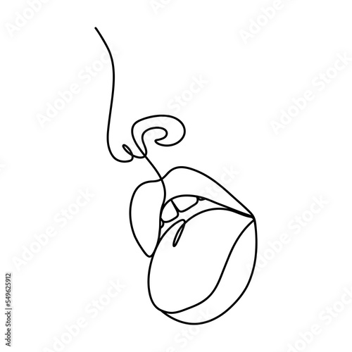 Woman lips and nose in one line drawing style. Open mouth and sticking out tongue. Permanent or tattoo make up. Beauty studio logo. Linear vector Illustration in trendy minimalist style.
