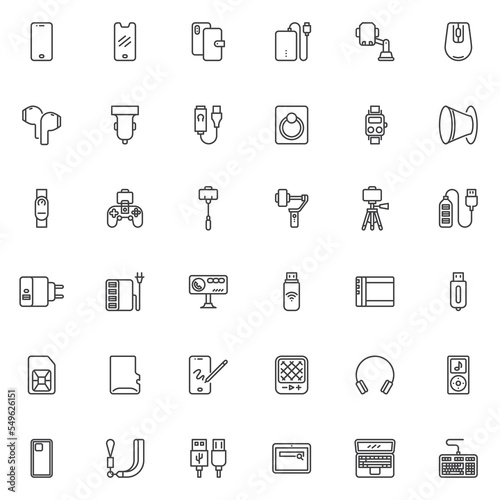 Cell phone accessories line icons set