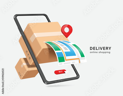 Parcel box floats out and displays in front of smartphone screen along with pin placed on location GPS map for delivery