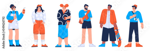 Young adult people, students, friends, diverse male and female characters in casual clothes with coffee cup, holding skateboard and photo camera, modern teens, Linear flat vector illustration
