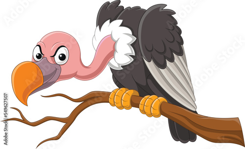 Cartoon vulture bird on tree branch