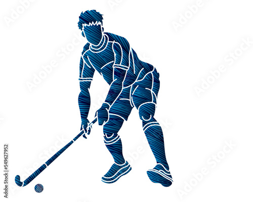 Field Hockey Sport Male Player Action Cartoon Outline Graphic Vector