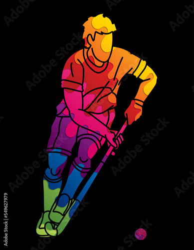 Field Hockey Sport Male Player Action Cartoon Outline Graphic Vector