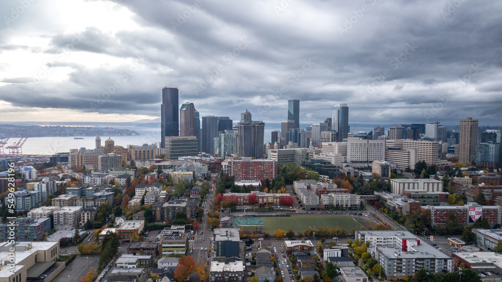 Seattle Downtown Skyline Facing West Cloudy Day
