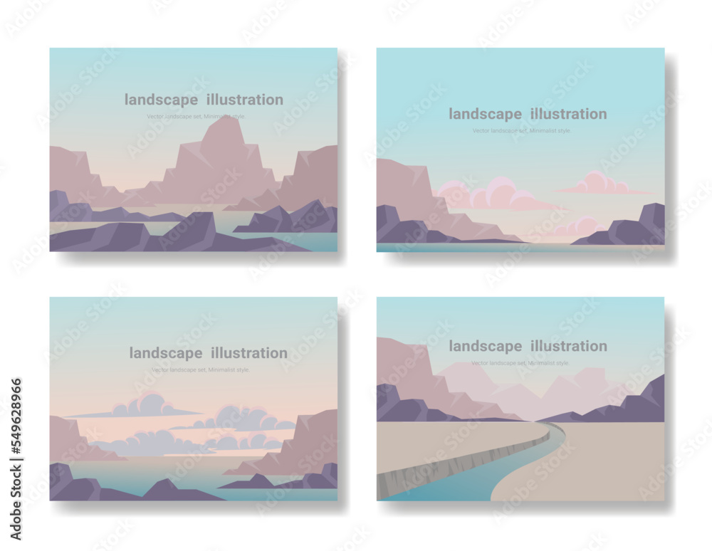 Abstract landscape set, Natural wallpapers are minimalist, banners Hiking adventure background. Vector illustration