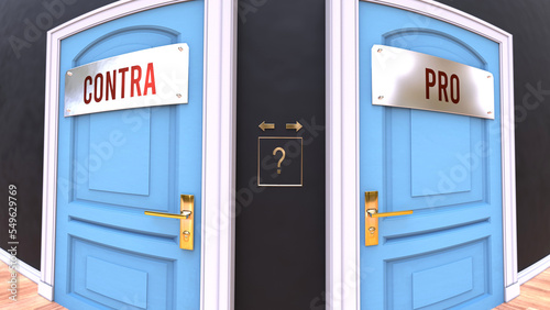 Contra or Pro - a choice. Two options to choose from represented by doors leading to different outcomes. Symbolizes decision to pick up either Contra or Pro.,3d illustration