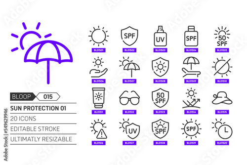 Sun protection 01 related, pixel perfect, editable stroke, up scalable, line, vector bloop icon set.
