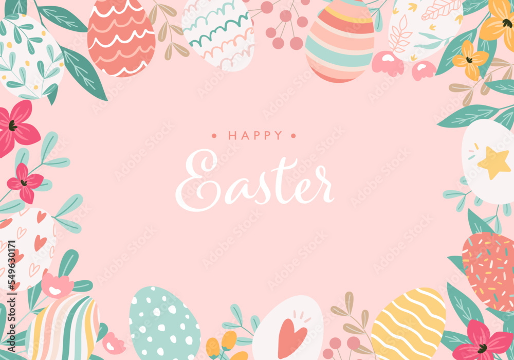 Frame of hand drawn easter eggs. Vector illustration background. For banners, posters and cards. - obrazy, fototapety, plakaty 