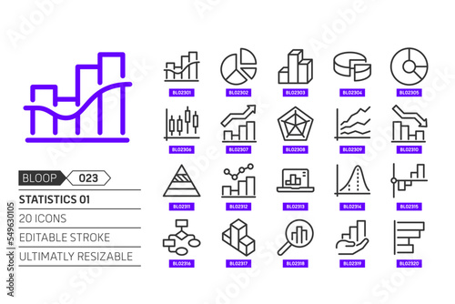 Statistics 01 related, pixel perfect, editable stroke, up scalable, line, vector bloop icon set.