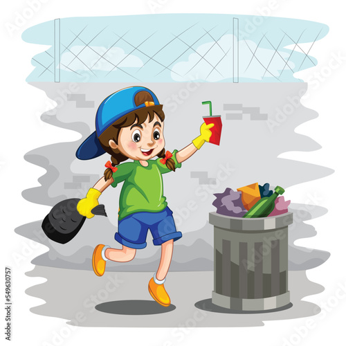 Kid Throwing Garbage In Trash Bin vector illustration