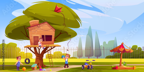 Children play around tree house on street, kids hangout at secret hut camp. Girls and boys fooling, having fun in good mood. Summer outdoors activities, adventure, leisure, Cartoon vector illustration