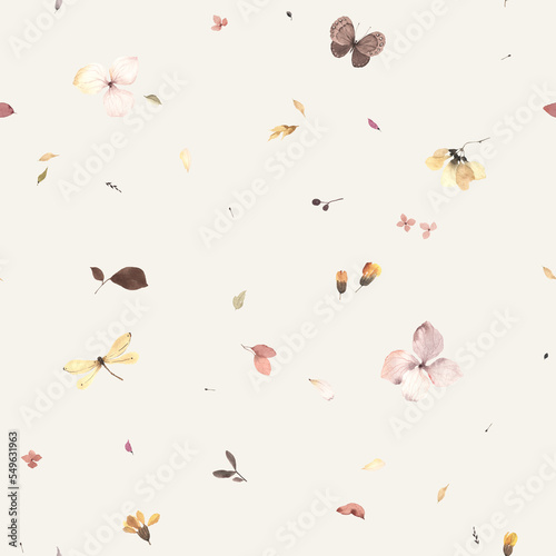 Minimalistic floral pattern of small flowers, petals, flying butterfly and dragonfly, wildlife watercolor print, seamless pattern burgundy and yellow colors, delicate illustration on ivory background.