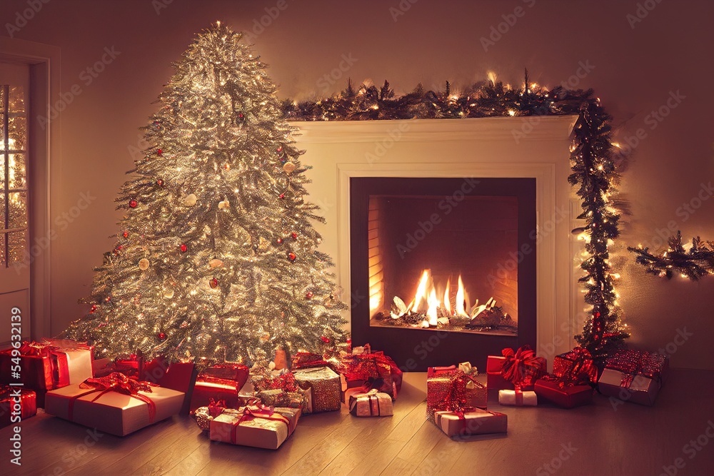 Christmas Tree Ornaments Lights Stocking Mantle Presents Home Holiday Fireplace Hearth Background Image