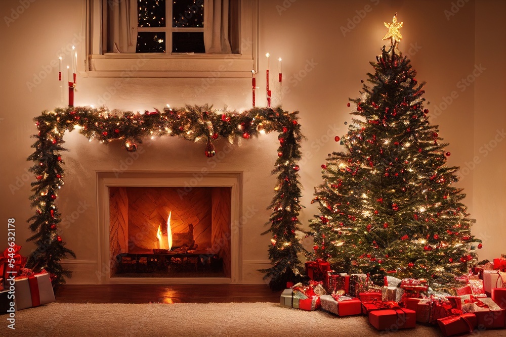 Christmas Tree Ornaments Lights Stocking Mantle Presents Home Holiday Fireplace Hearth Background Image