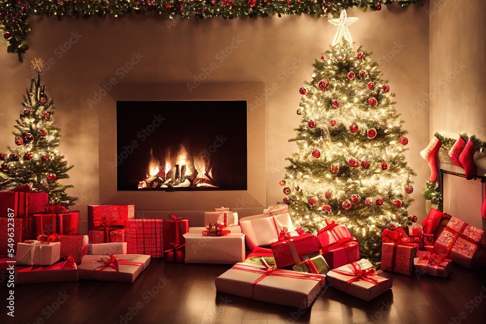 Christmas Tree Ornaments Lights Stocking Mantle Presents Home Holiday Fireplace Hearth Background Image Christmas Tree Ornaments Lights Stocking Mantle Presents Home Holiday Fireplace Hearth Background Image