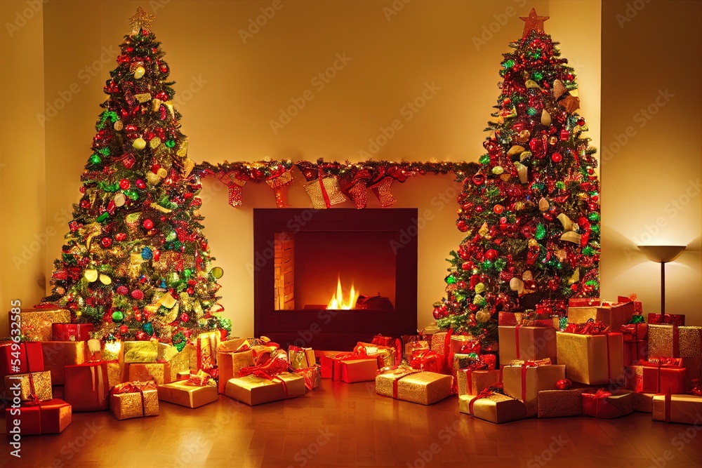 Christmas Tree Ornaments Lights Stocking Mantle Presents Home Holiday Fireplace Hearth Background Image