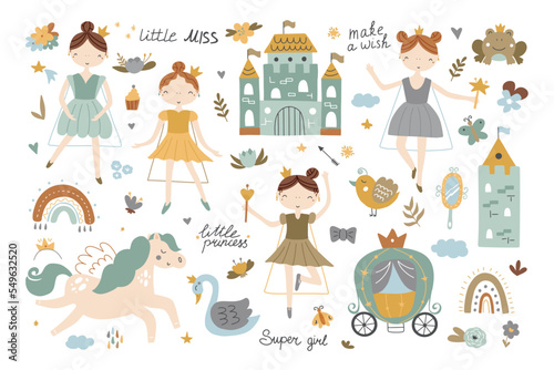 Collection of princesses with golden crown, castle, tower, pegasus, frog and swan in boho style. Hand drawn children's illustration.
