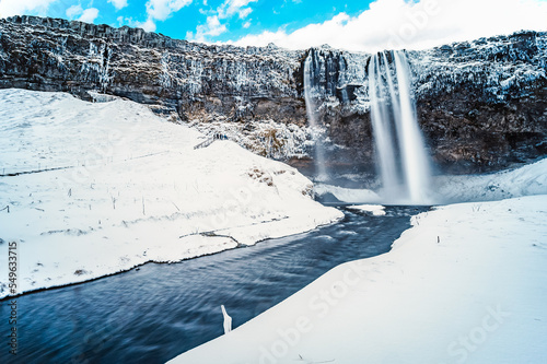 Iceland seljalandsfoss waterfall, winter in Iceland, seljalandsfoss waterfall in winter