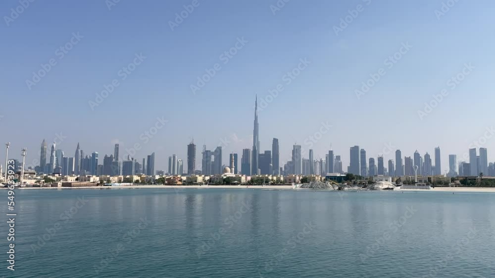 Panoramic view on Dubai skyline from the sea Panoramic view on Dubai skyline from the sea