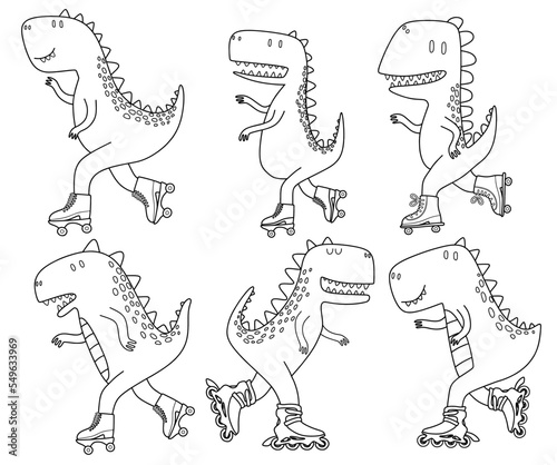 doodle set of cute dinosaurs on roller skater.