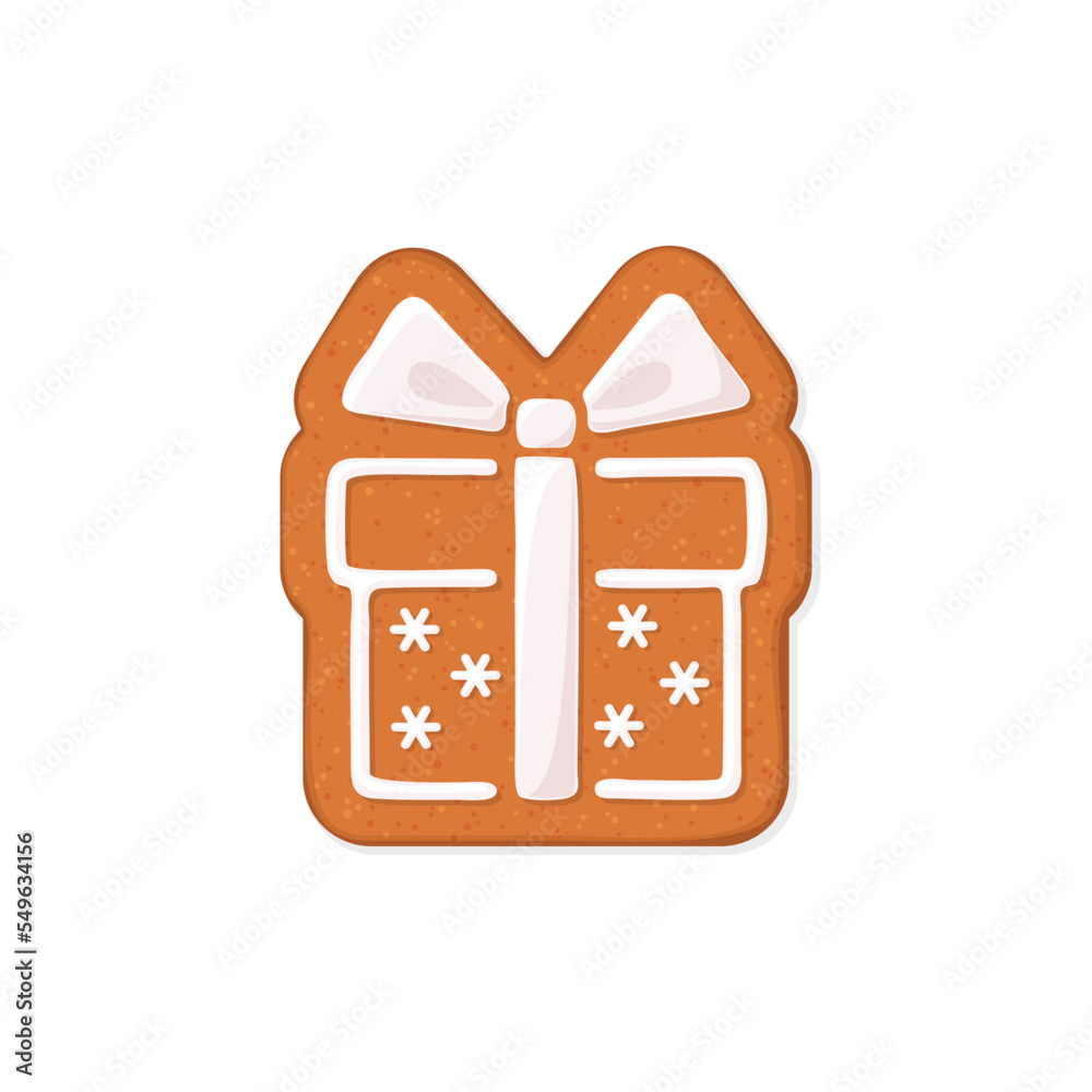 Gift box shaped Christmas gingerbread cookie with icing decoration. Vector illustration