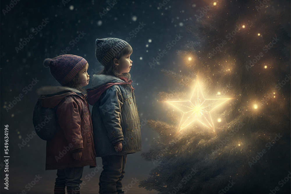 Naklejka premium Kids standing near to a Christmas tree, looking up at the Christmas star