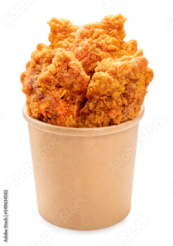 Fried chicken isolated on white bucket With clipping path, Fried chicken on paper box for delivery.